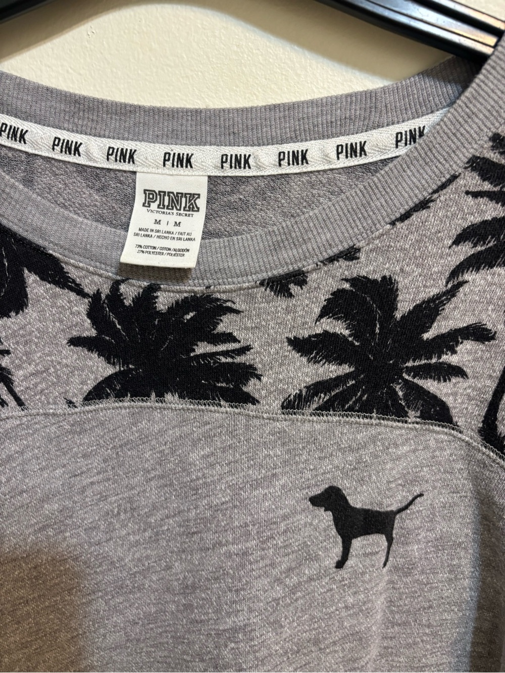 PINK Victoria's Secret Gray Pullover with Black Palm Tree & Dog Motif